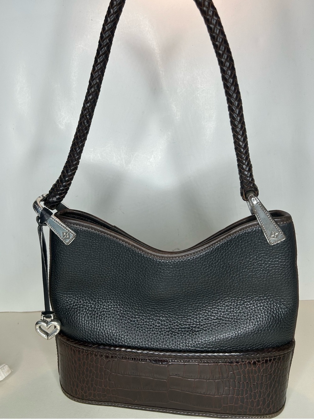 Brighton Gina Black and Brown Two-Tone Leather Hobo Shoulder Bag